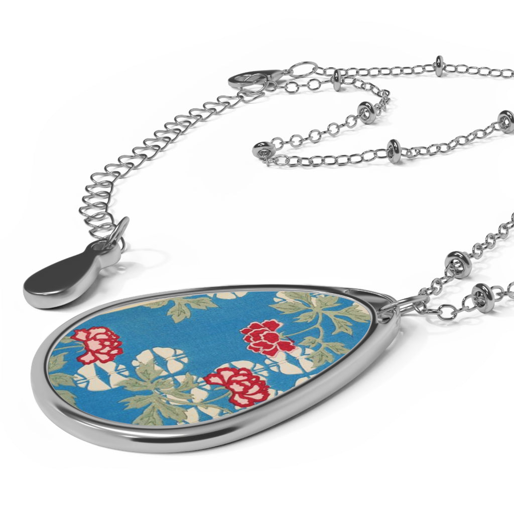 Floral Oval Pendant Necklace — Blue Vintage Fabric Floral Teardrop Jewelry Japanese Fabric Design