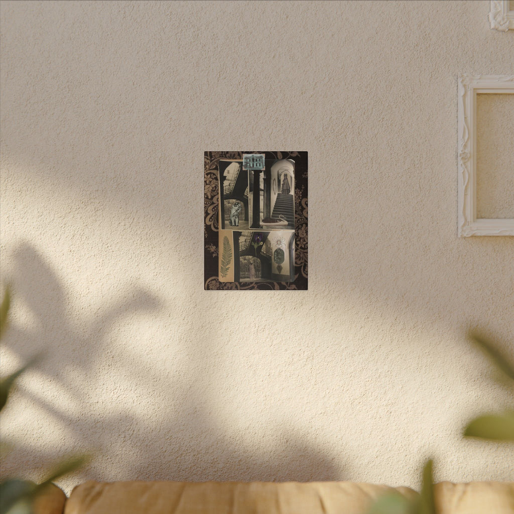Dark Vintage Style Canvas Wall Art "Family Album 2" Collage Art with Cats, Staircase, botanicals - fern, pressed flower - WOMAN OWNED BUSINESS