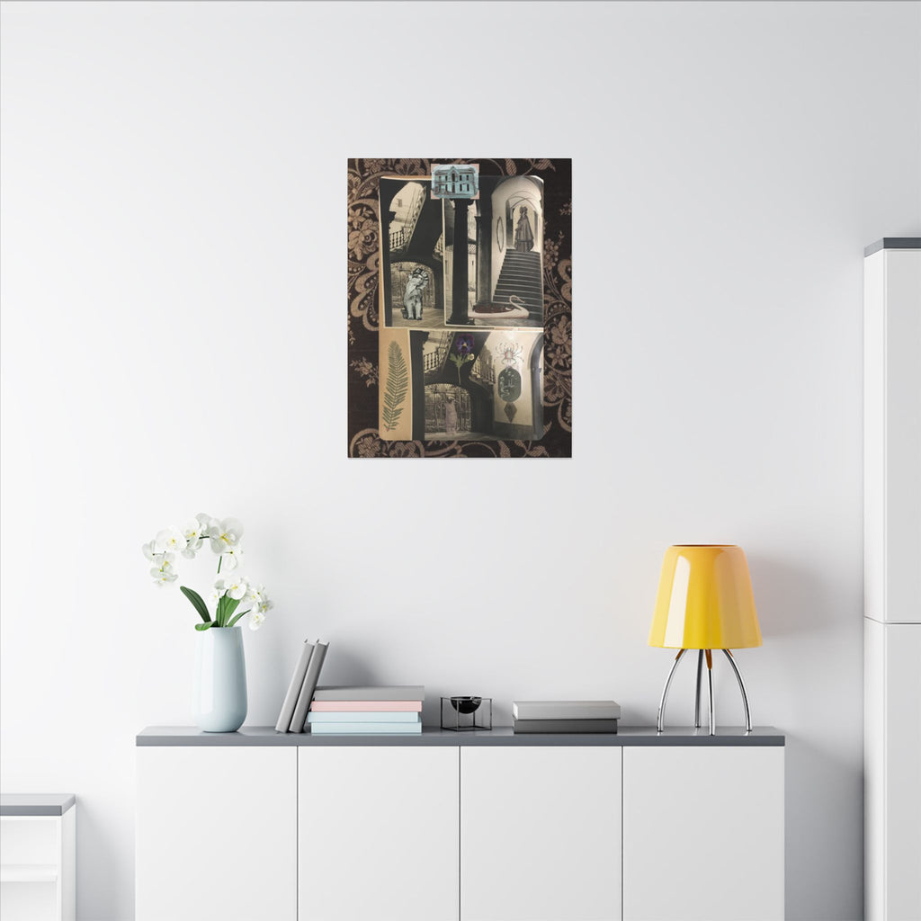 Dark Vintage Style Canvas Wall Art "Family Album 2" Collage Art with Cats, Staircase, botanicals - fern, pressed flower - WOMAN OWNED BUSINESS