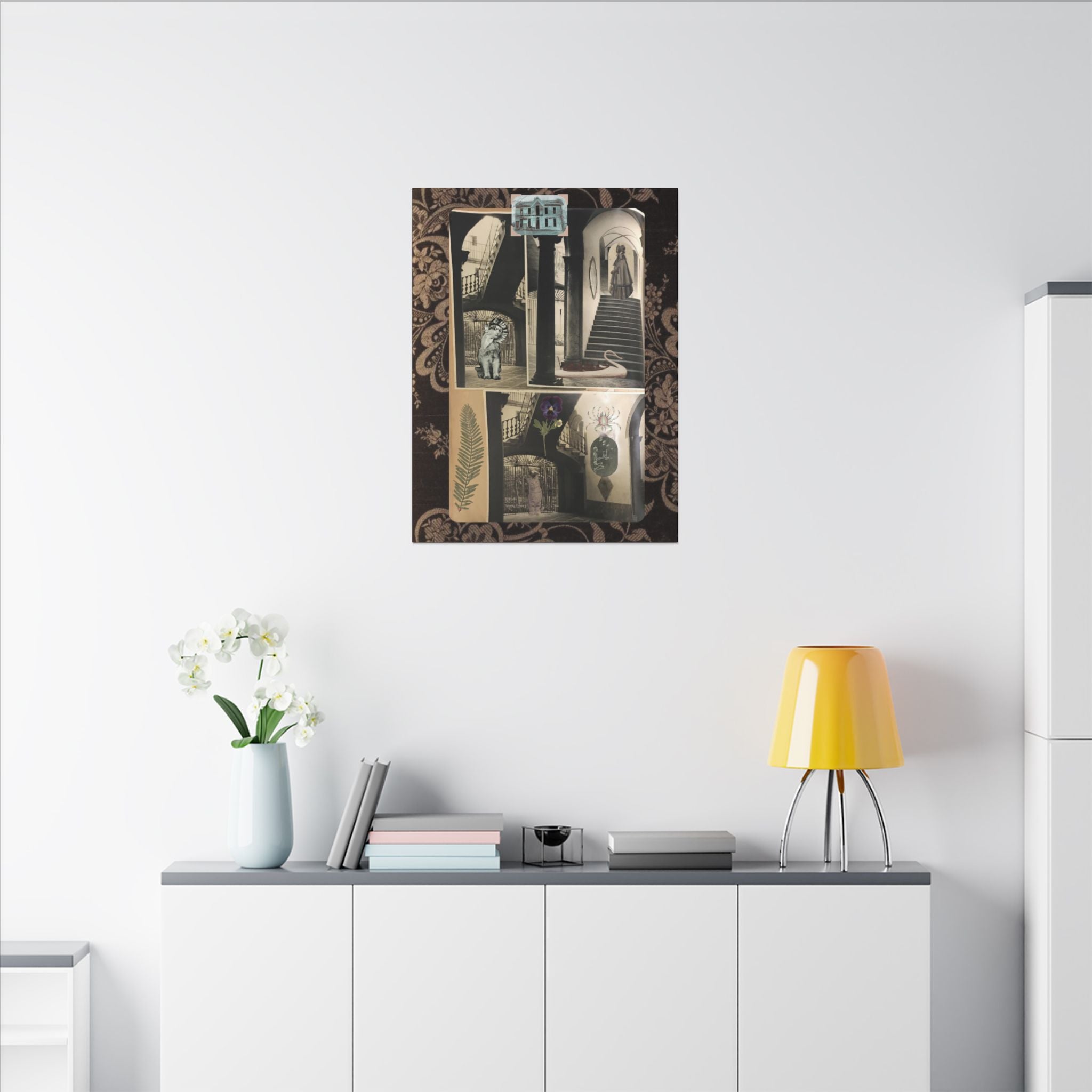 Dark Vintage Style Canvas Wall Art "Family Album 2" Collage Art with Cats, Staircase, botanicals - fern, pressed flower - WOMAN OWNED BUSINESS