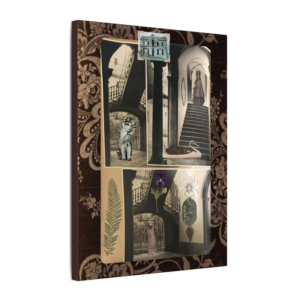 Dark Vintage Style Canvas Wall Art "Family Album 2" Collage Art with Cats, Staircase, botanicals - fern, pressed flower - WOMAN OWNED BUSINESS