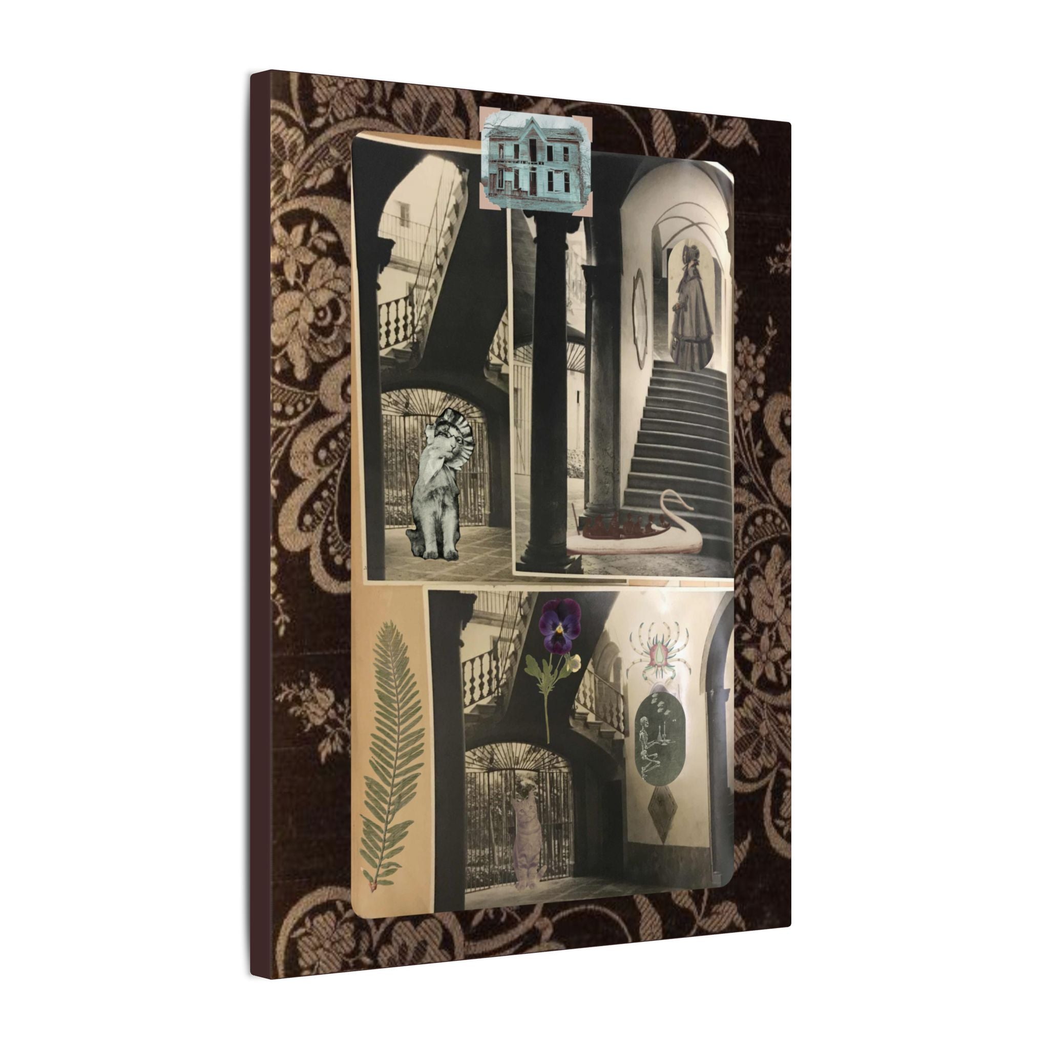 Dark Vintage Style Canvas Wall Art "Family Album 2" Collage Art with Cats, Staircase, botanicals - fern, pressed flower - WOMAN OWNED BUSINESS