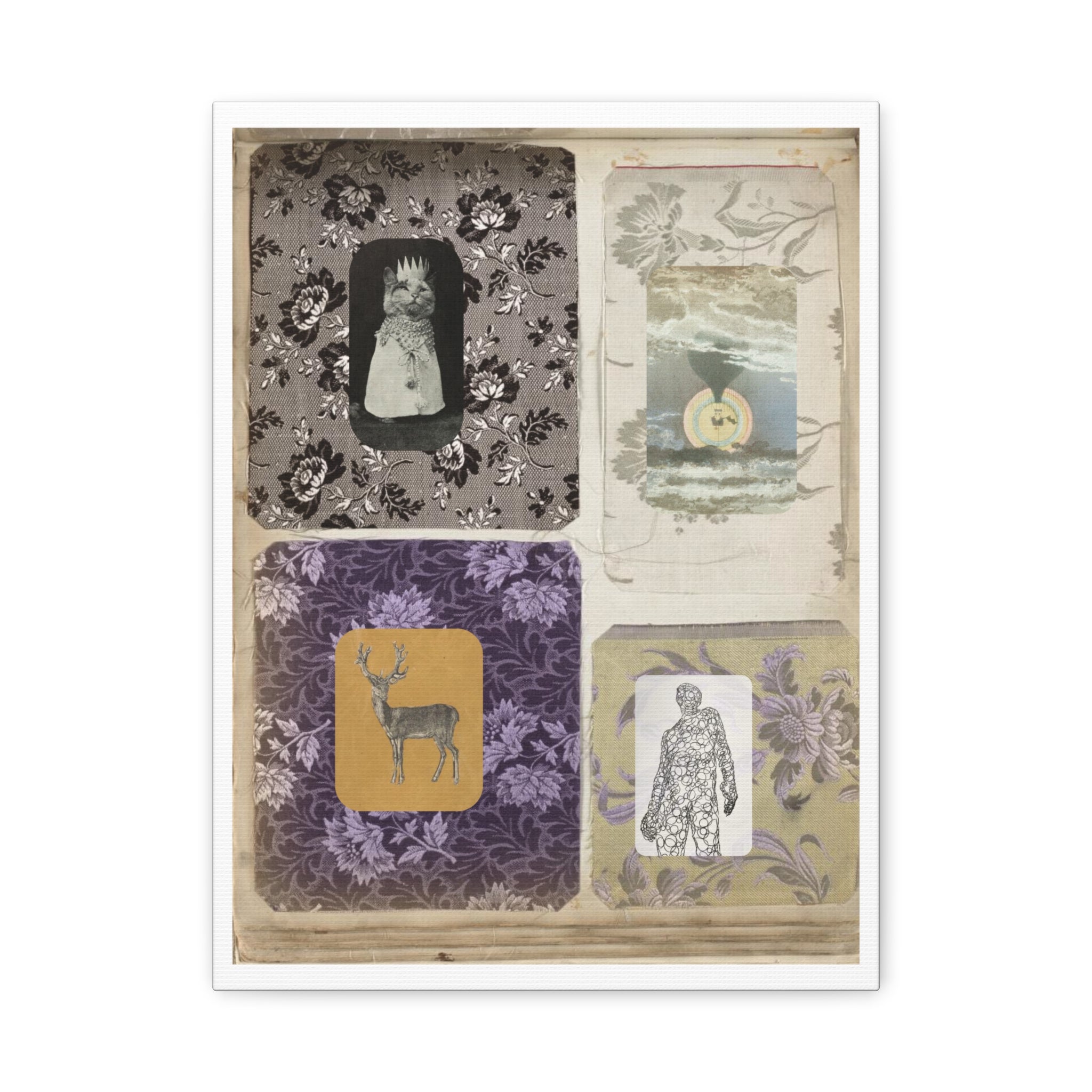 Vintage Collage Matte Canvas Print — Family Album I - Archival Ephemeral Dark & Haunted Art with Vintage Fabrics Cats Deer Magic Myth Fables Folklore vibes