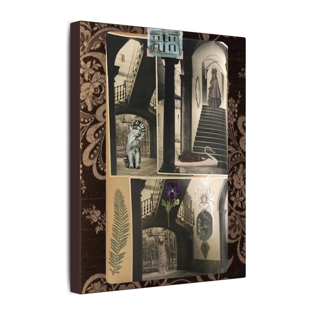 Dark Vintage Style Canvas Wall Art "Family Album 2" Collage Art with Cats, Staircase, botanicals - fern, pressed flower - WOMAN OWNED BUSINESS