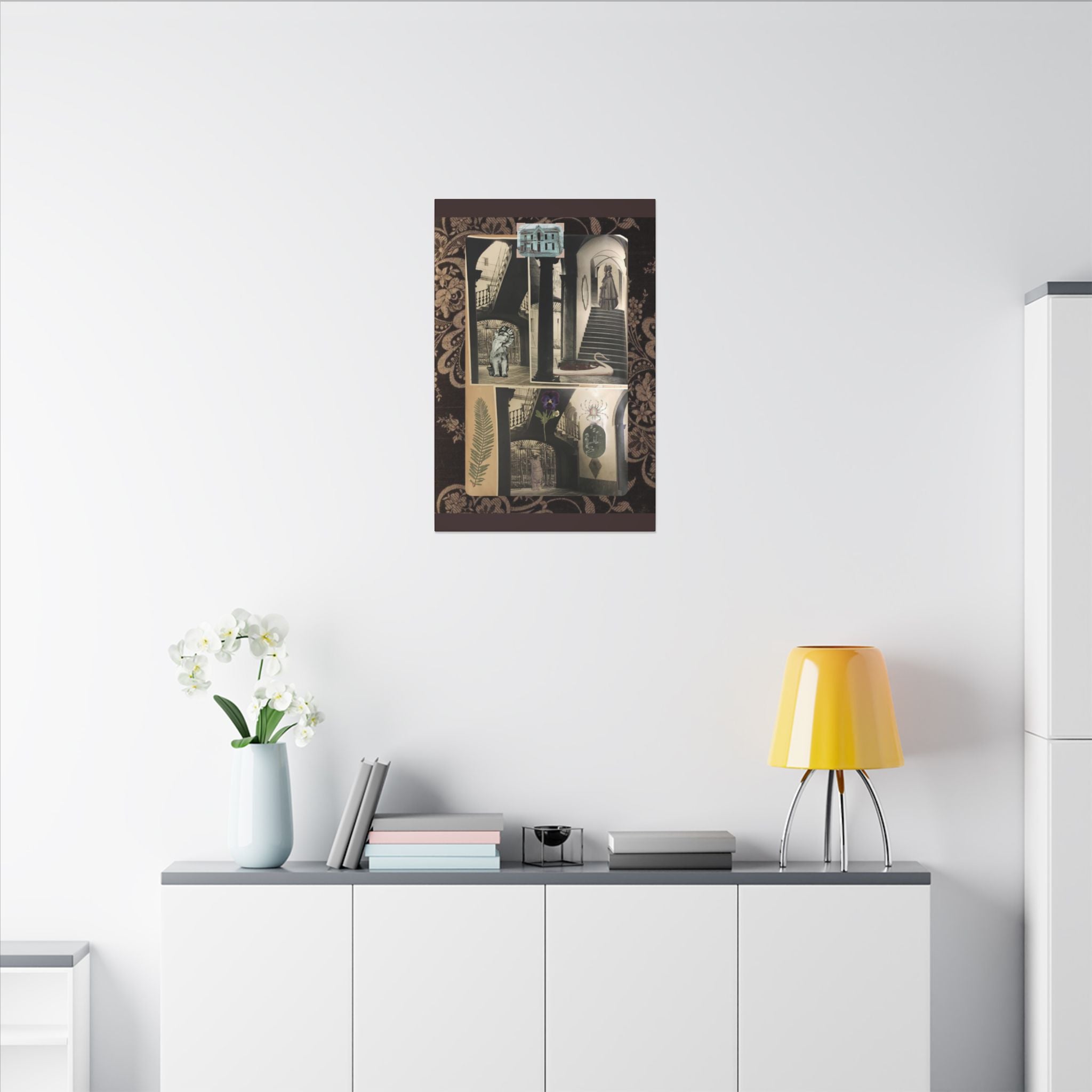 Dark Vintage Style Canvas Wall Art "Family Album 2" Collage Art with Cats, Staircase, botanicals - fern, pressed flower - WOMAN OWNED BUSINESS