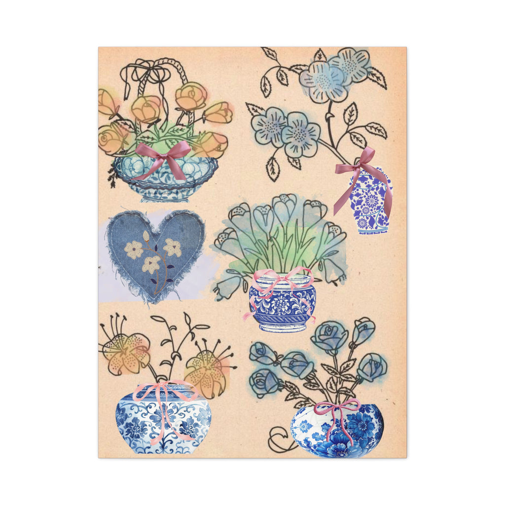 Floral Blue and White Collage Canvas Art "Congratulation, she's a girl!"  — Vintage Style wall decor Female Owned Business