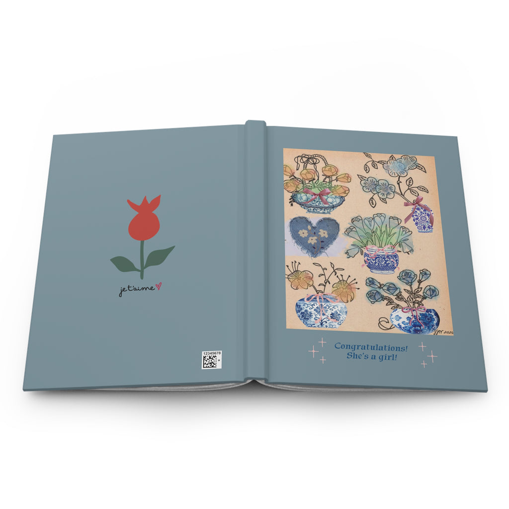 Floral Blue & White Chinoiserie Hardcover Lined Journal — "Congratulations, She's a Girl" artwork by JJW - Vintage style art FEMALE OWNED BUSINESS