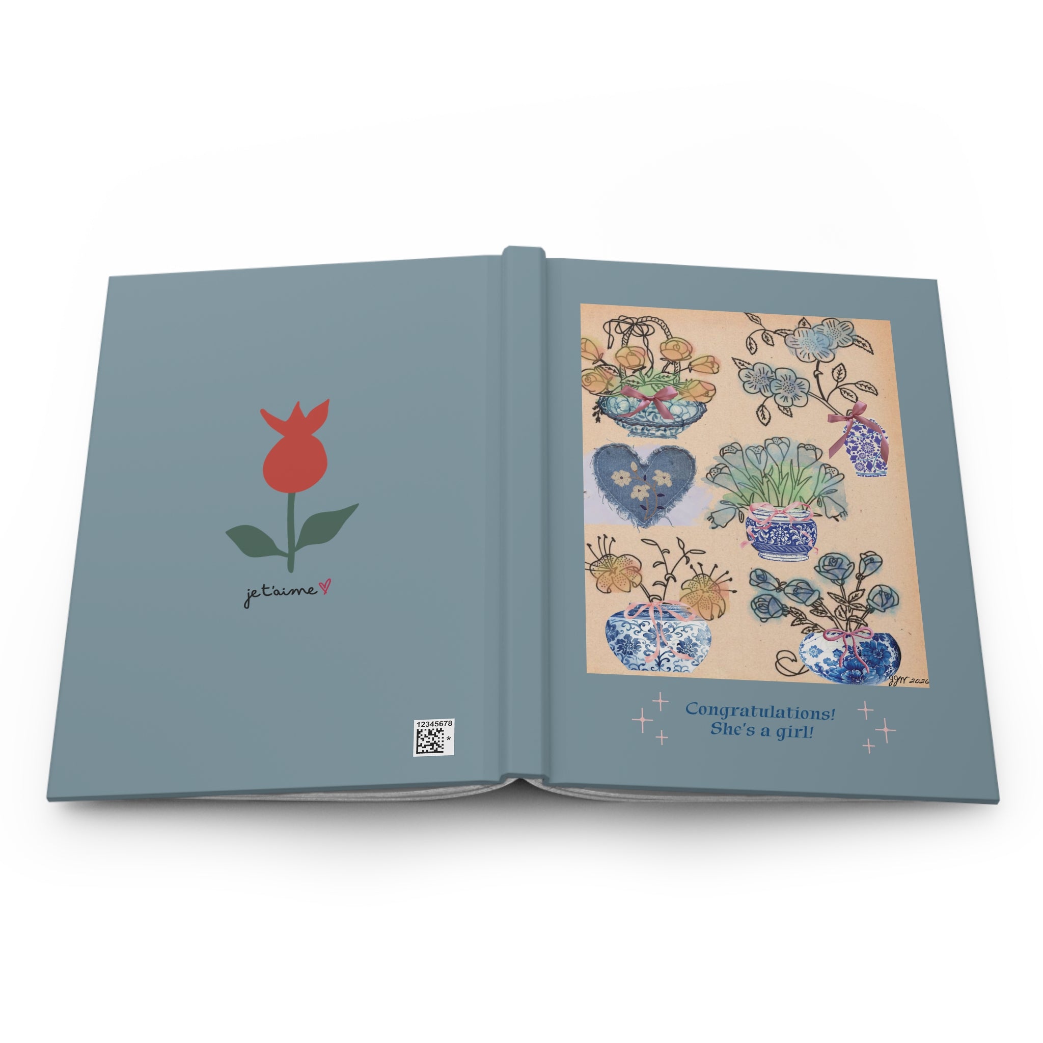 Floral Blue & White Chinoiserie Hardcover Lined Journal — "Congratulations, She's a Girl" artwork by JJW - Vintage style art FEMALE OWNED BUSINESS