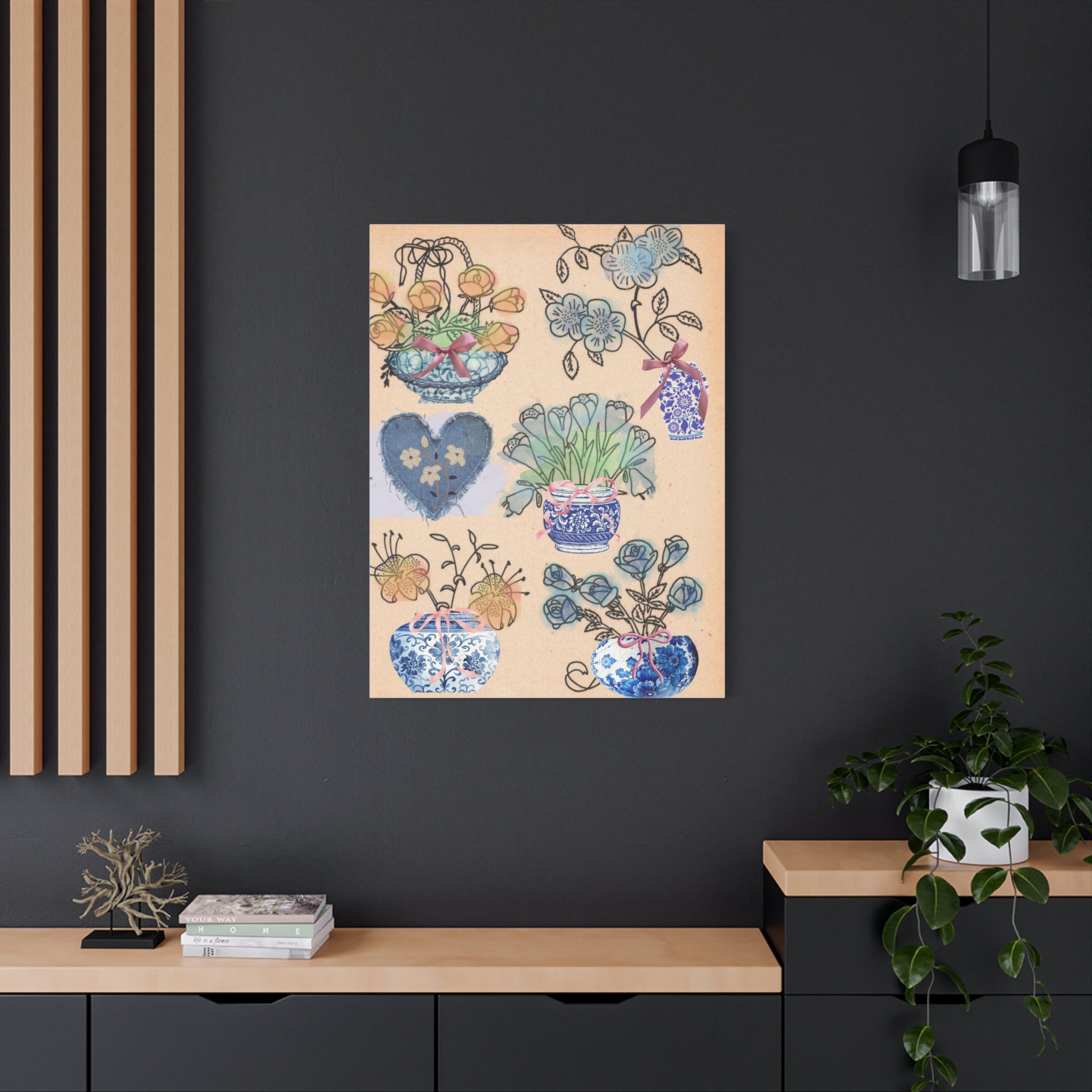 Floral Blue and White Collage Canvas Art "Congratulation, she's a girl!"  — Vintage Style wall decor Female Owned Business