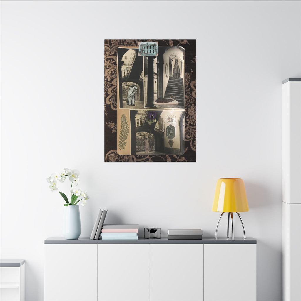 Dark Vintage Style Canvas Wall Art "Family Album 2" Collage Art with Cats, Staircase, botanicals - fern, pressed flower - WOMAN OWNED BUSINESS