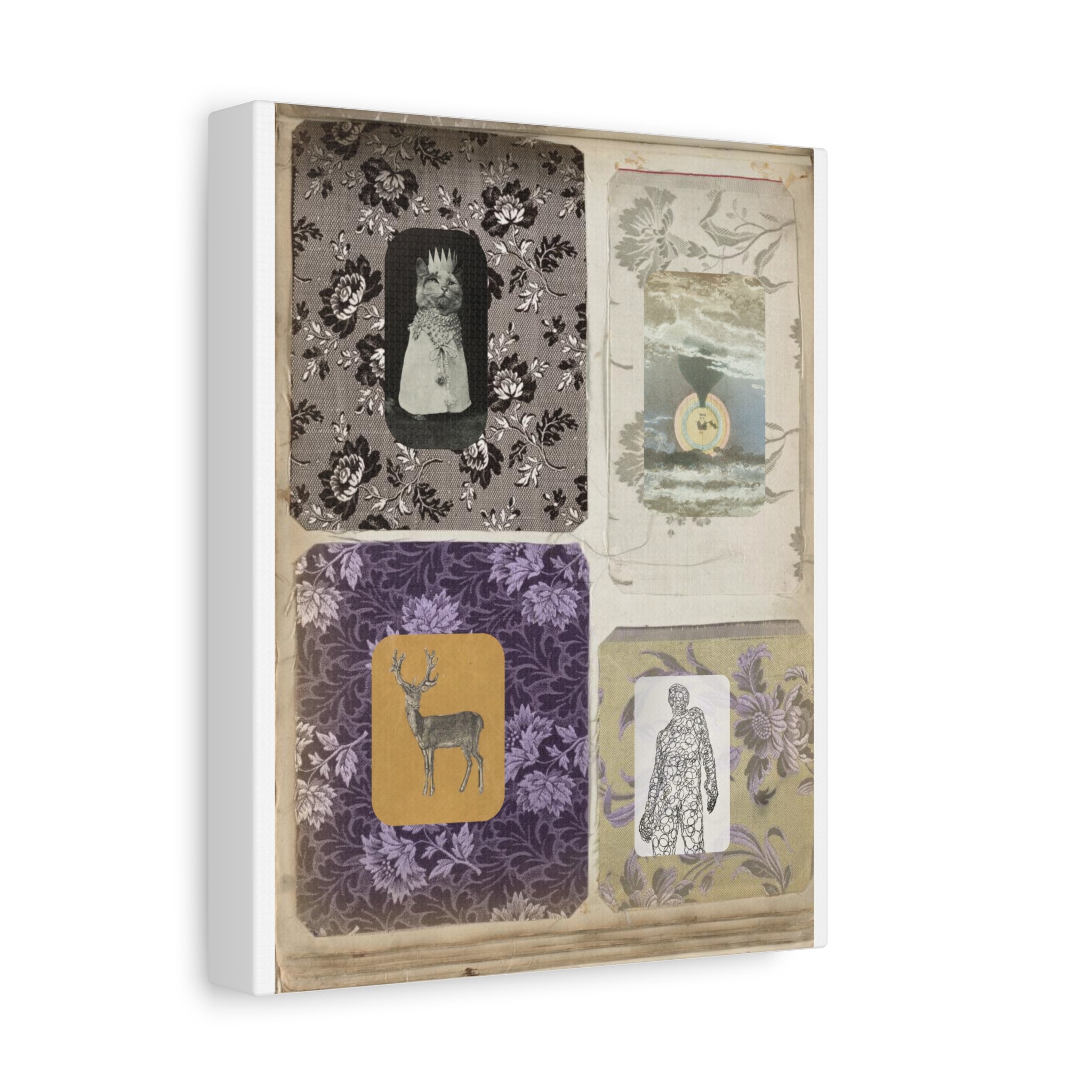 Vintage Collage Matte Canvas Print — Family Album I - Archival Ephemeral Dark & Haunted Art with Vintage Fabrics Cats Deer Magic Myth Fables Folklore vibes