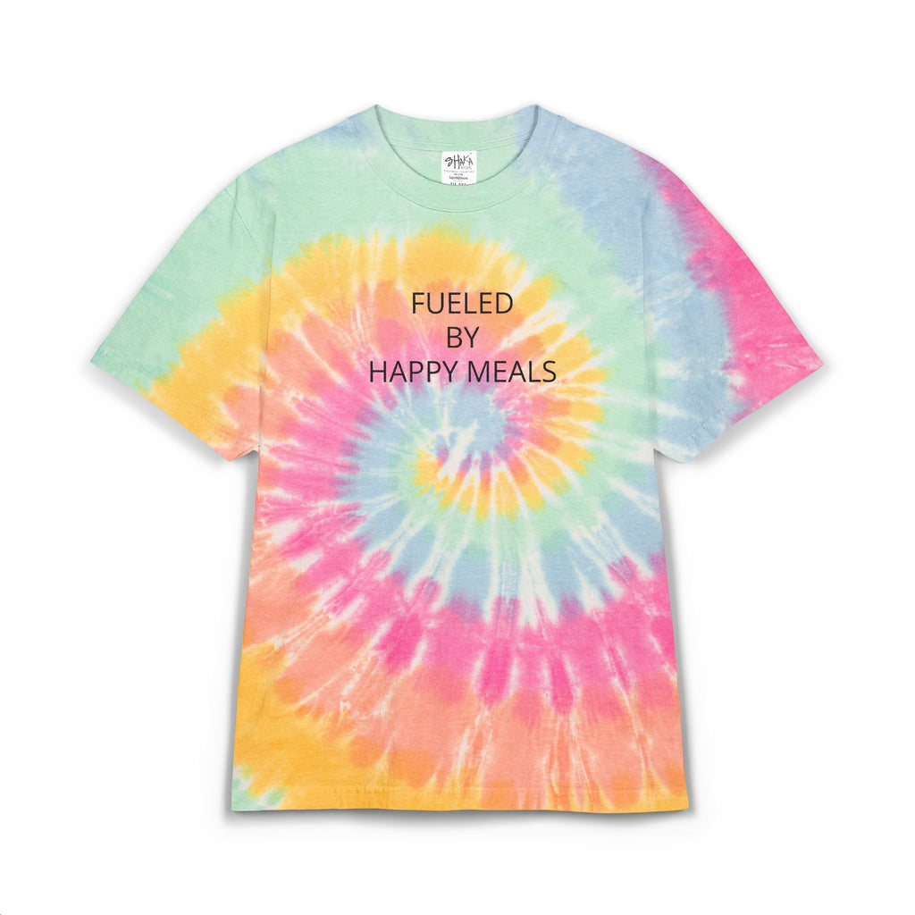 Tie-Dye T-Shirt - "Fueled by Happy Meals" Embroidered Spiral Colorful tee Female Owned Business