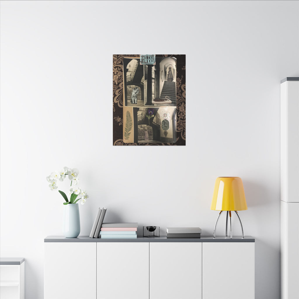 Dark Vintage Style Canvas Wall Art "Family Album 2" Collage Art with Cats, Staircase, botanicals - fern, pressed flower - WOMAN OWNED BUSINESS