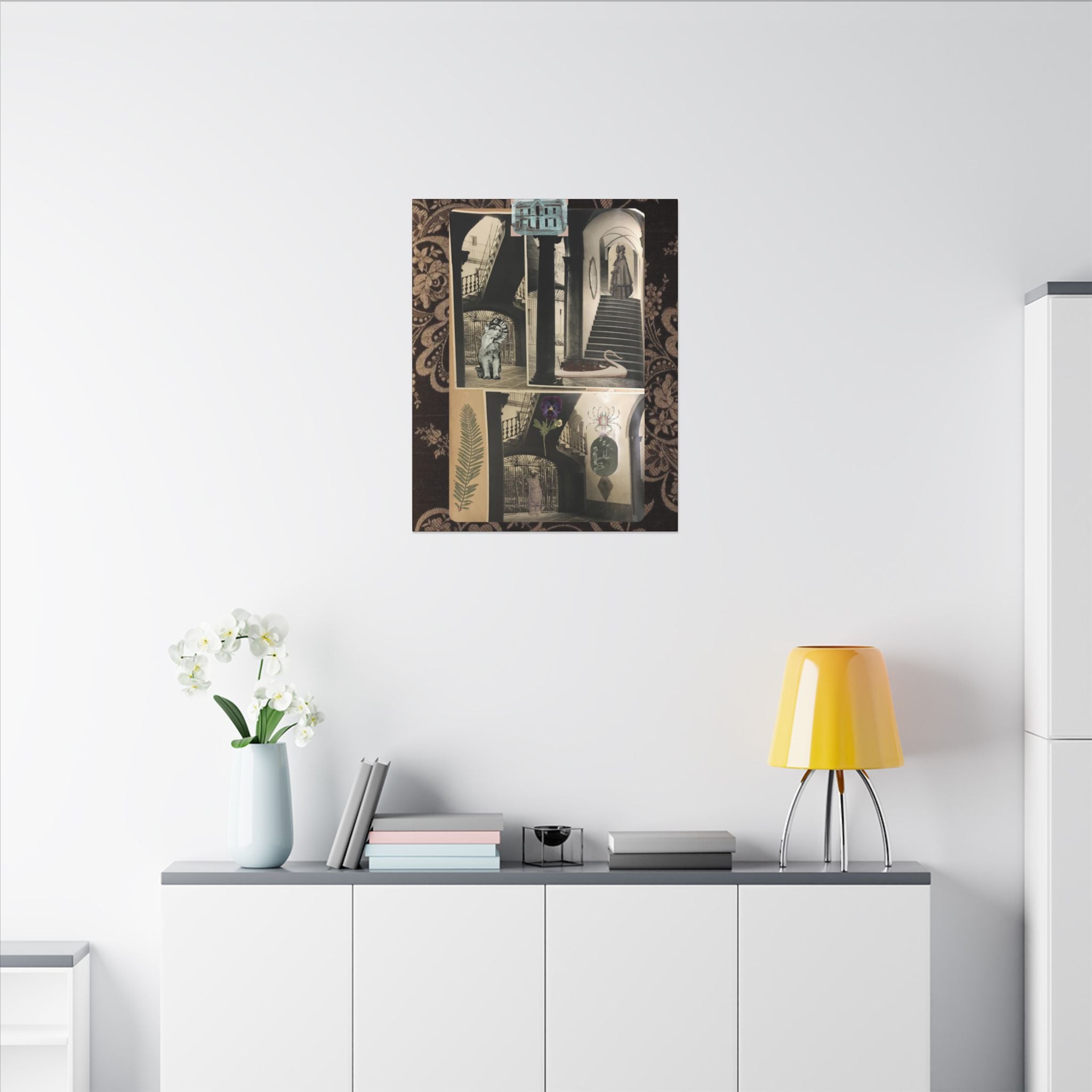 Dark Vintage Style Canvas Wall Art "Family Album 2" Collage Art with Cats, Staircase, botanicals - fern, pressed flower - WOMAN OWNED BUSINESS