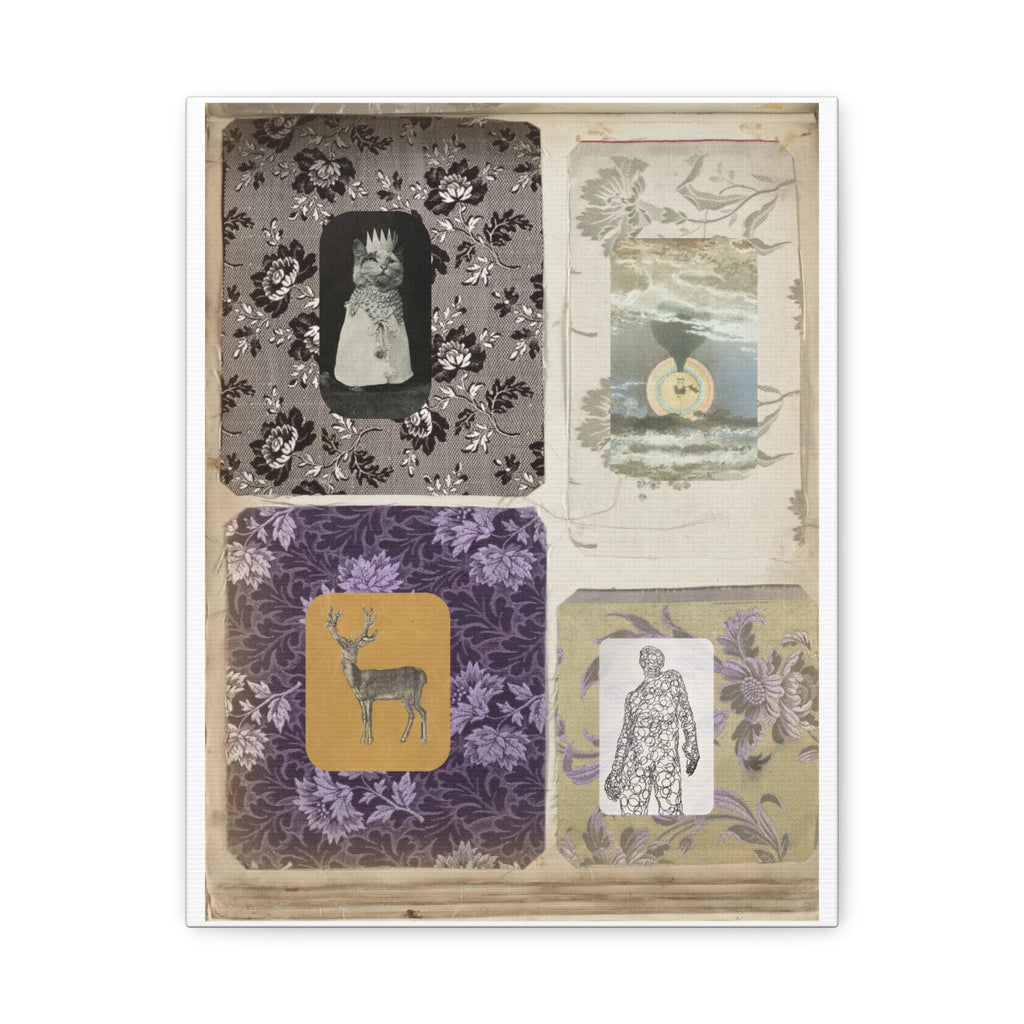 Vintage Collage Matte Canvas Print — Family Album I - Archival Ephemeral Dark & Haunted Art with Vintage Fabrics Cats Deer Magic Myth Fables Folklore vibes