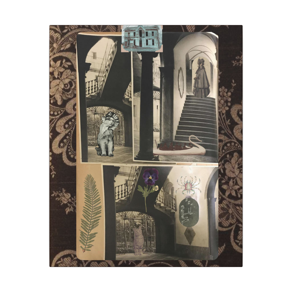 Dark Vintage Style Canvas Wall Art "Family Album 2" Collage Art with Cats, Staircase, botanicals - fern, pressed flower - WOMAN OWNED BUSINESS