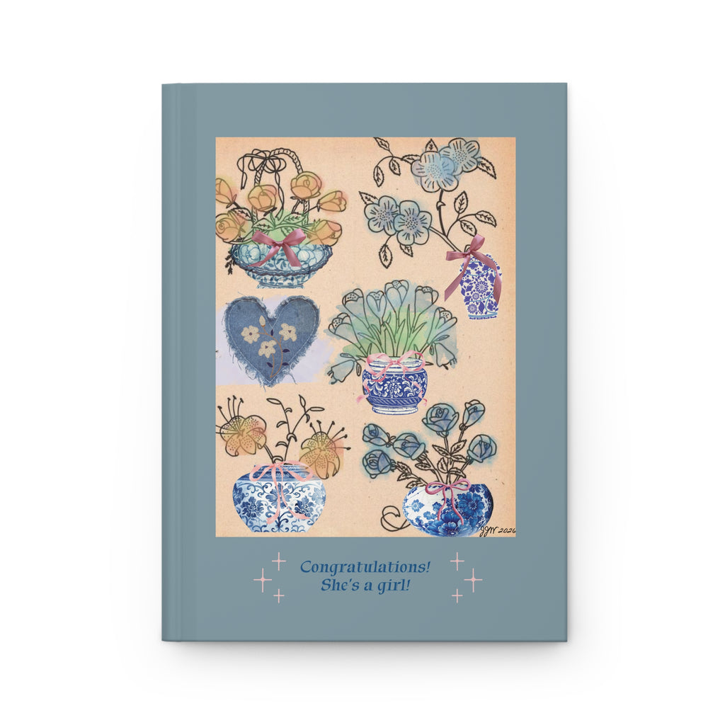 Floral Blue & White Chinoiserie Hardcover Lined Journal — "Congratulations, She's a Girl" artwork by JJW - Vintage style art FEMALE OWNED BUSINESS
