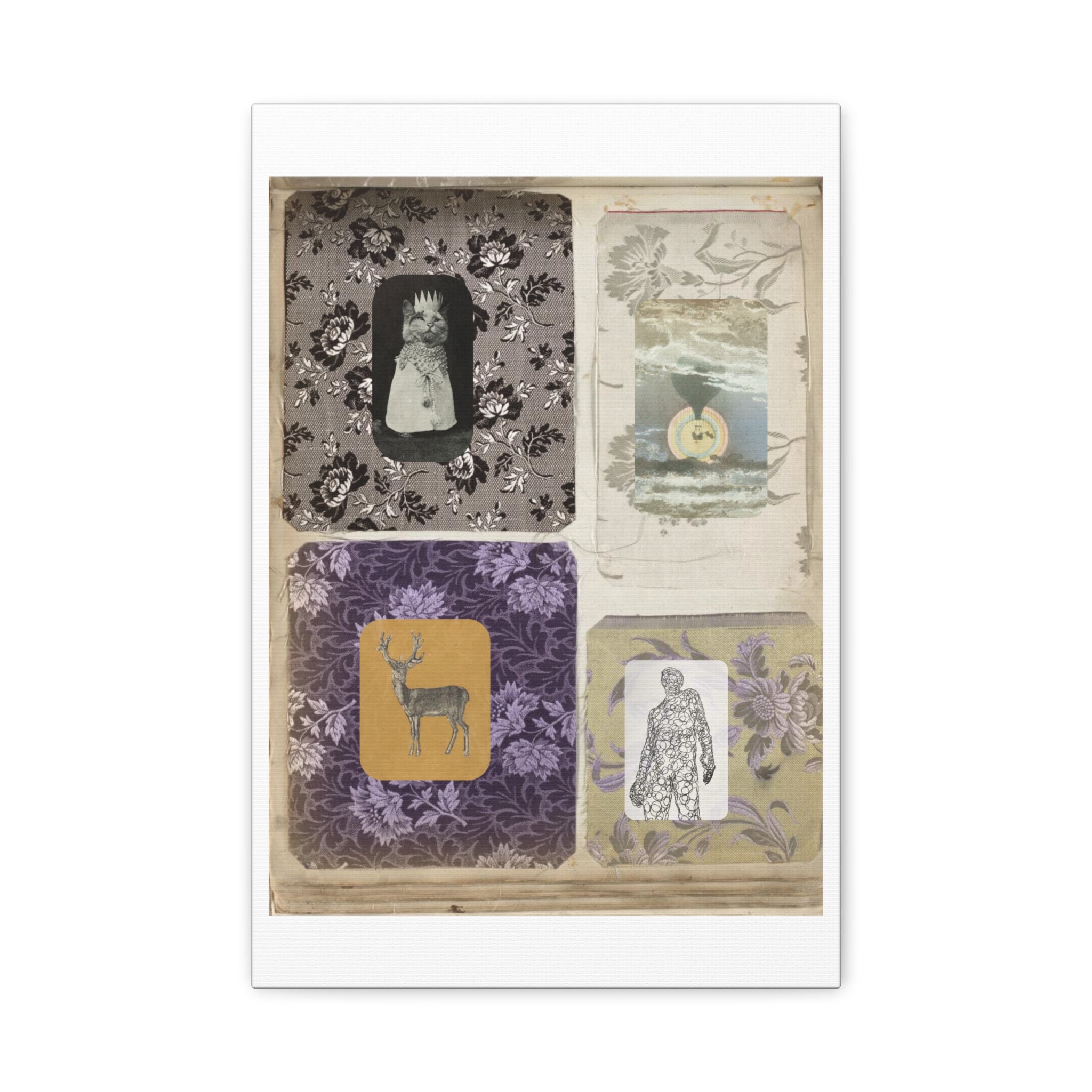Vintage Collage Matte Canvas Print — Family Album I - Archival Ephemeral Dark & Haunted Art with Vintage Fabrics Cats Deer Magic Myth Fables Folklore vibes