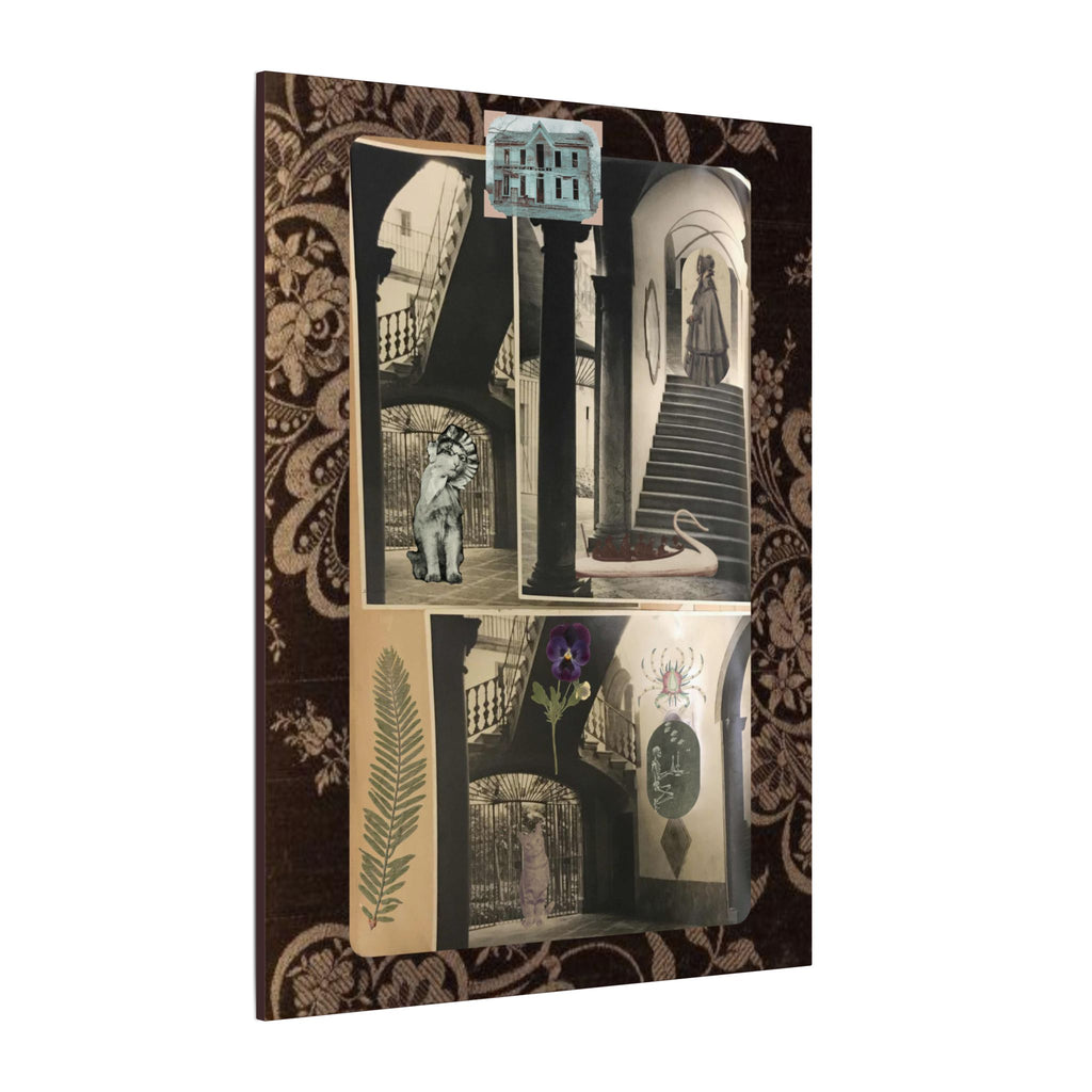 Dark Vintage Style Canvas Wall Art "Family Album 2" Collage Art with Cats, Staircase, botanicals - fern, pressed flower - WOMAN OWNED BUSINESS