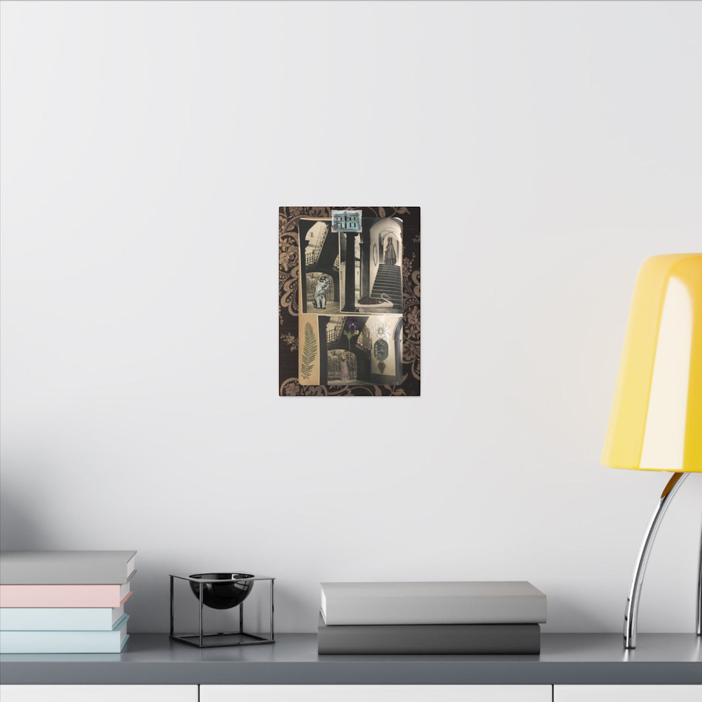 Dark Vintage Style Canvas Wall Art "Family Album 2" Collage Art with Cats, Staircase, botanicals - fern, pressed flower - WOMAN OWNED BUSINESS